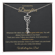 Silver-tone personalised name necklace with a graduation-cap motif on a black Daughter message card from Dad.