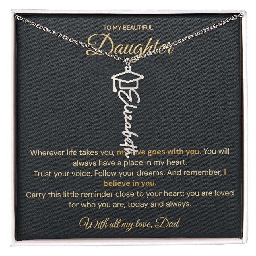 Silver-tone personalised name necklace with a graduation-cap motif on a black Daughter message card from Dad.