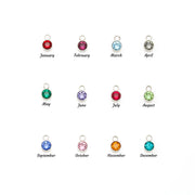 Birthstone charm chart showing twelve coloured stones labelled January through December.