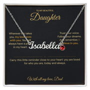 Silver-tone Isabella name necklace with a red birthstone charm on a black Daughter message card from Dad.