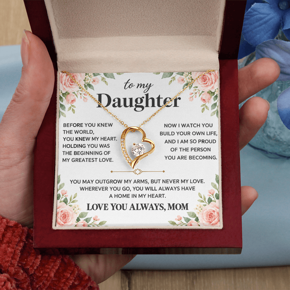 Gold-tone heart necklace on a floral Daughter message card from Mom in an open burgundy presentation box.