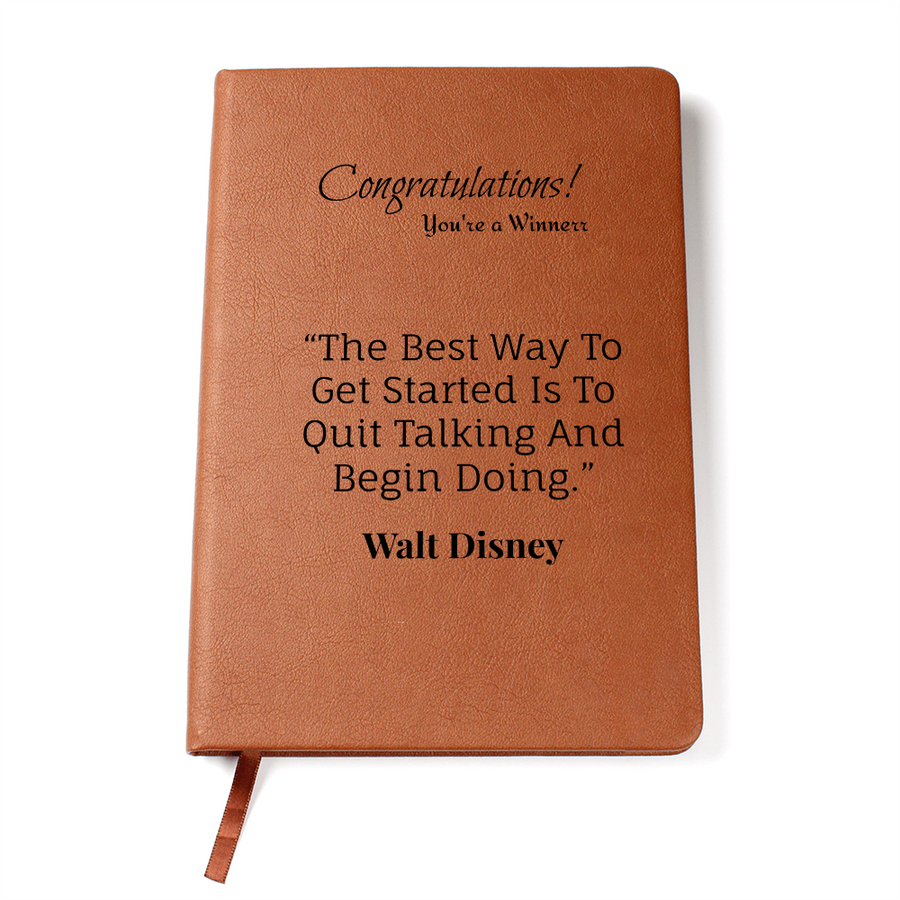 Brown vegan leather journal with Congratulations, winner message and Walt Disney quote on the cover
