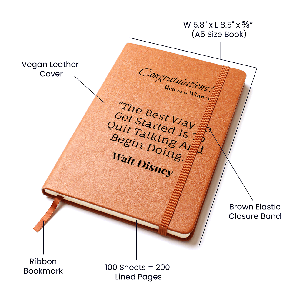 Product diagram showing a vegan leather journal, dimensions, ribbon bookmark, elastic band and lined pages