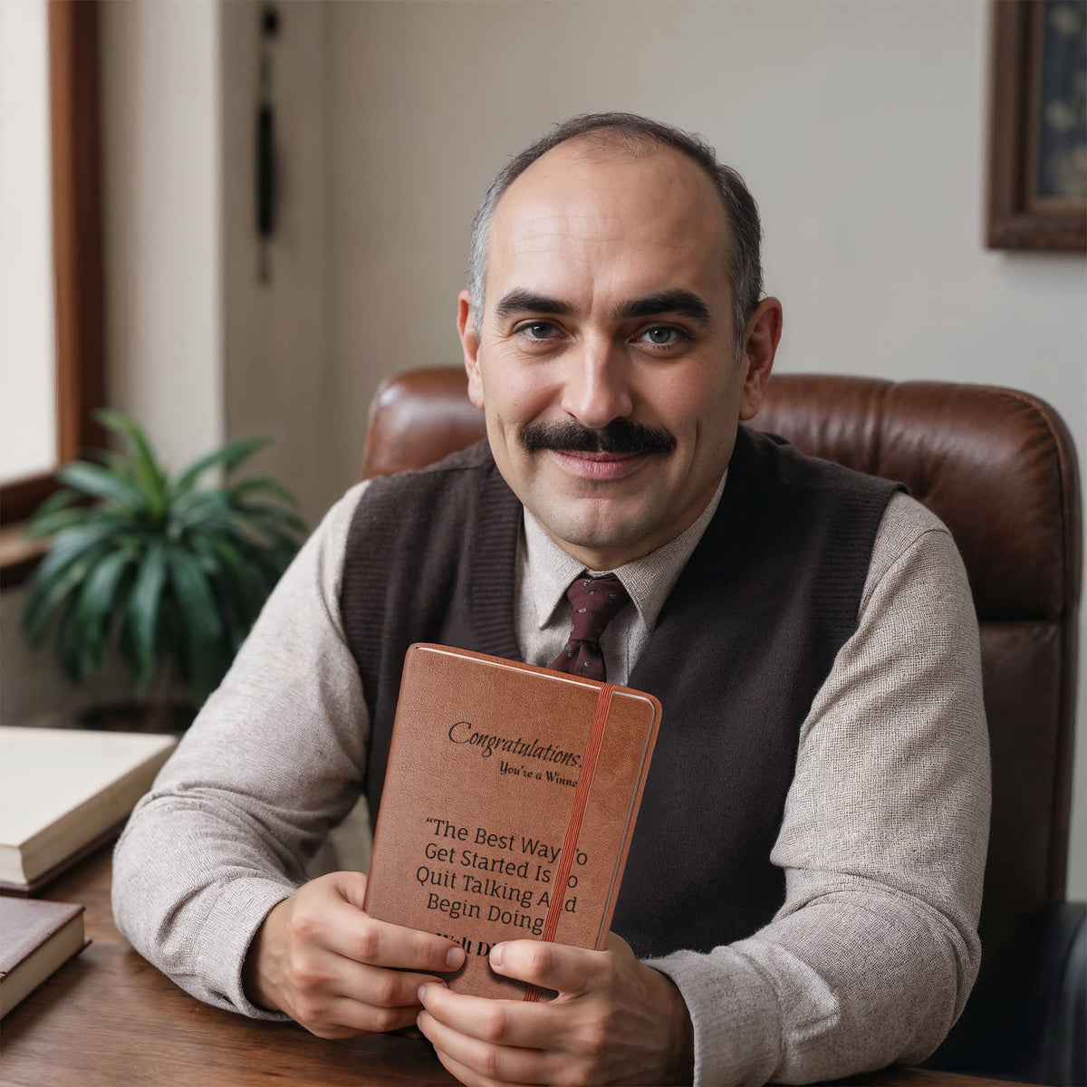 Man seated in an office holding the brown journal with its Congratulations message visible