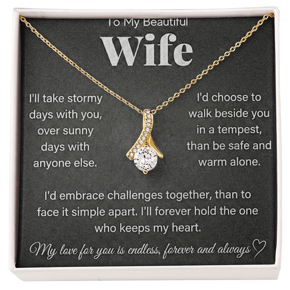 Gold-tone necklace displayed on a wife message card in a white presentation box