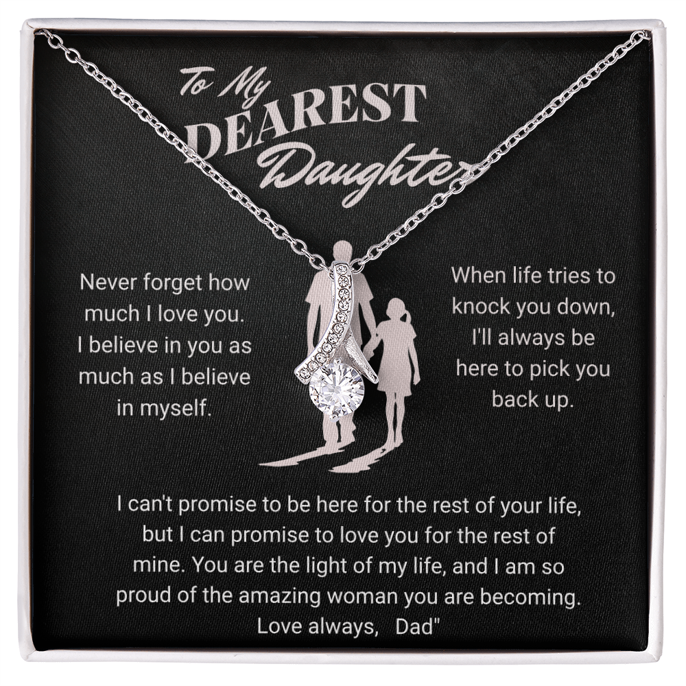 Silver ribbon pendant necklace displayed on a black daughter message card