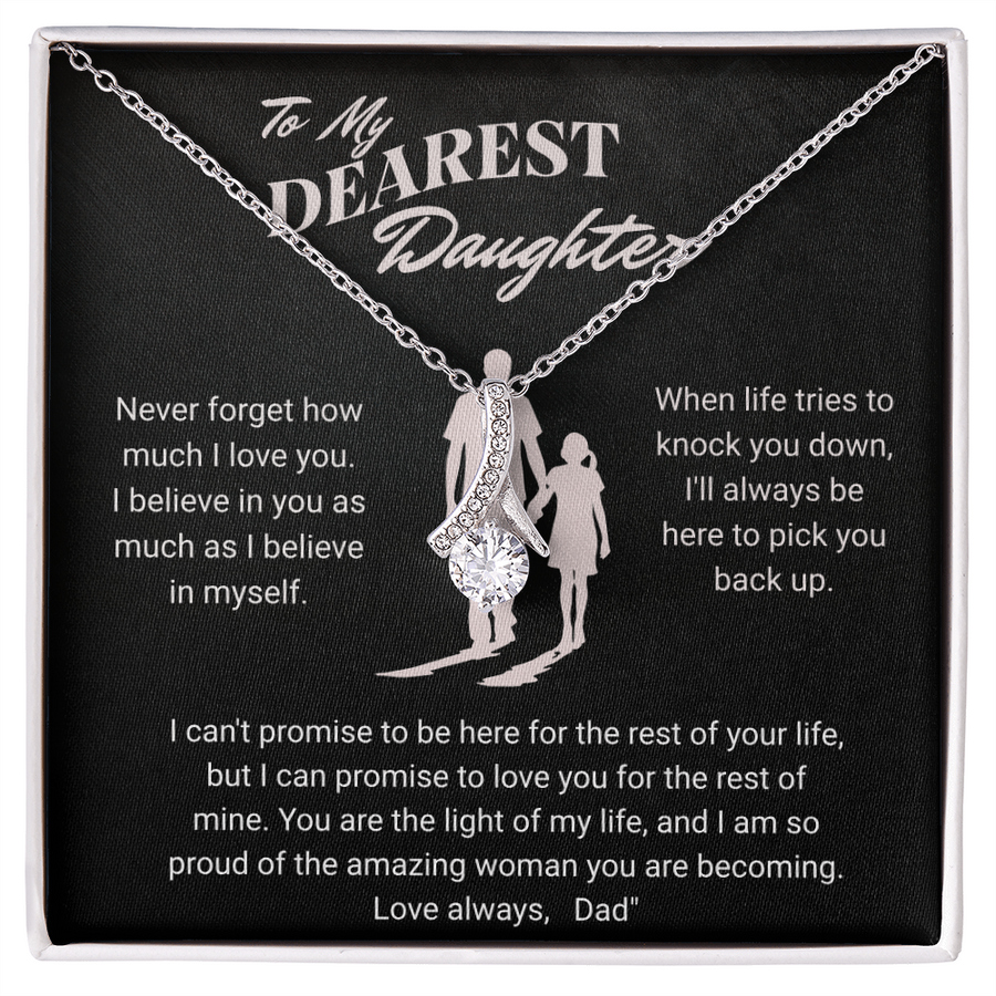 Silver ribbon pendant necklace displayed on a black daughter message card