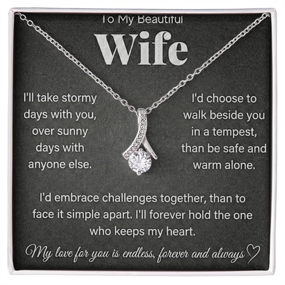 Silver-tone necklace displayed on a wife message card in a white presentation box