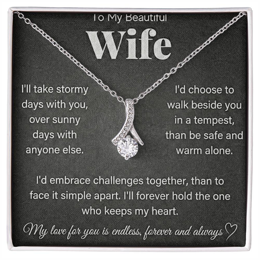 Silver-tone necklace displayed on a wife message card in a white presentation box