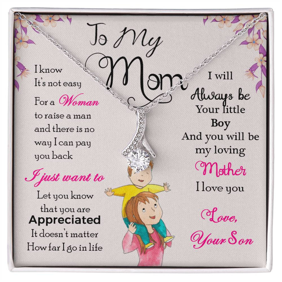 Silver ribbon pendant necklace displayed over a floral message card for a mum, with a son-to-mother message.