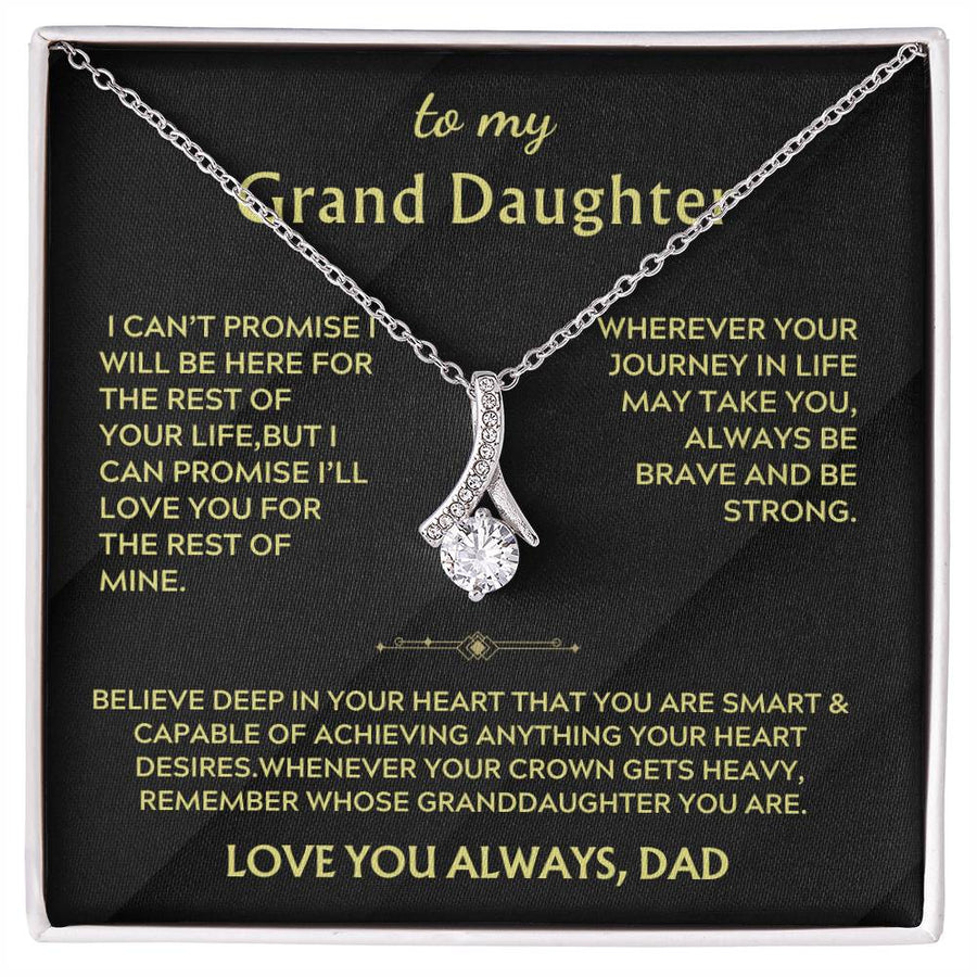 Silver ribbon pendant necklace displayed on a black message card for a granddaughter.