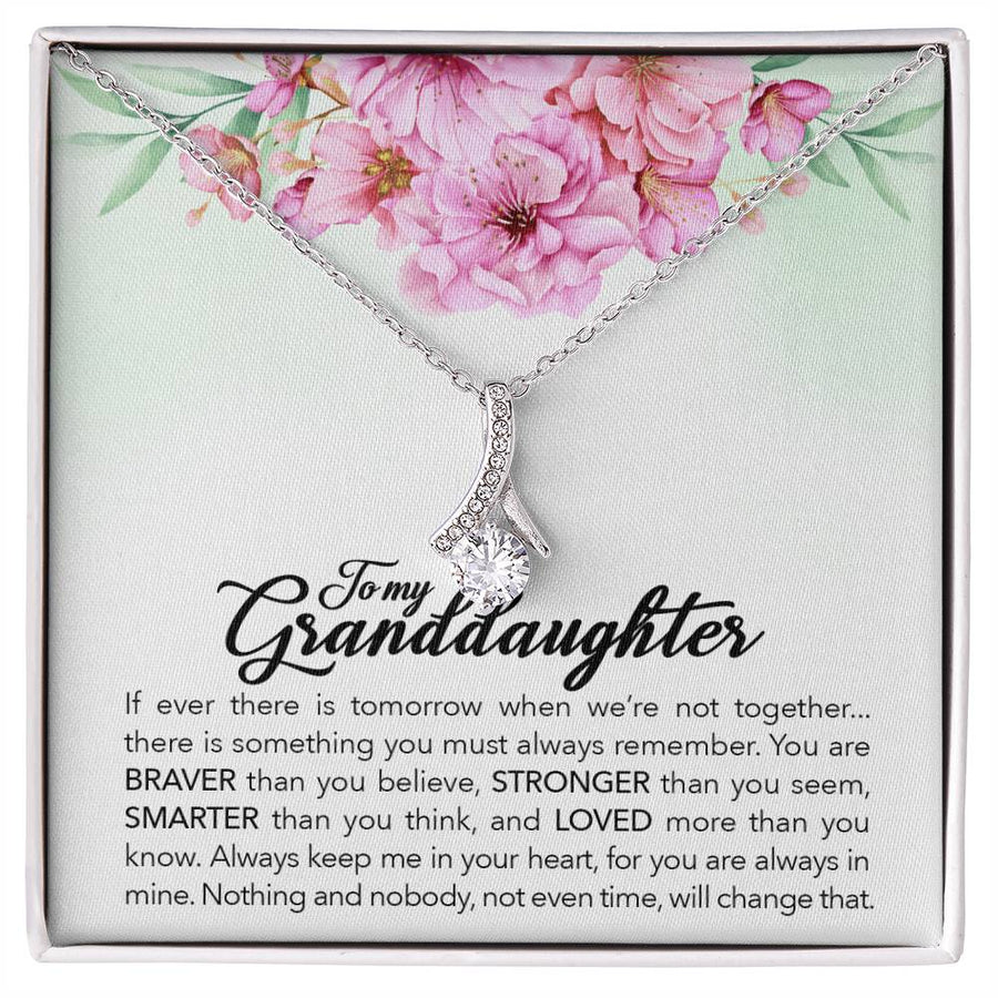 Silver ribbon pendant necklace on a floral message card for a granddaughter