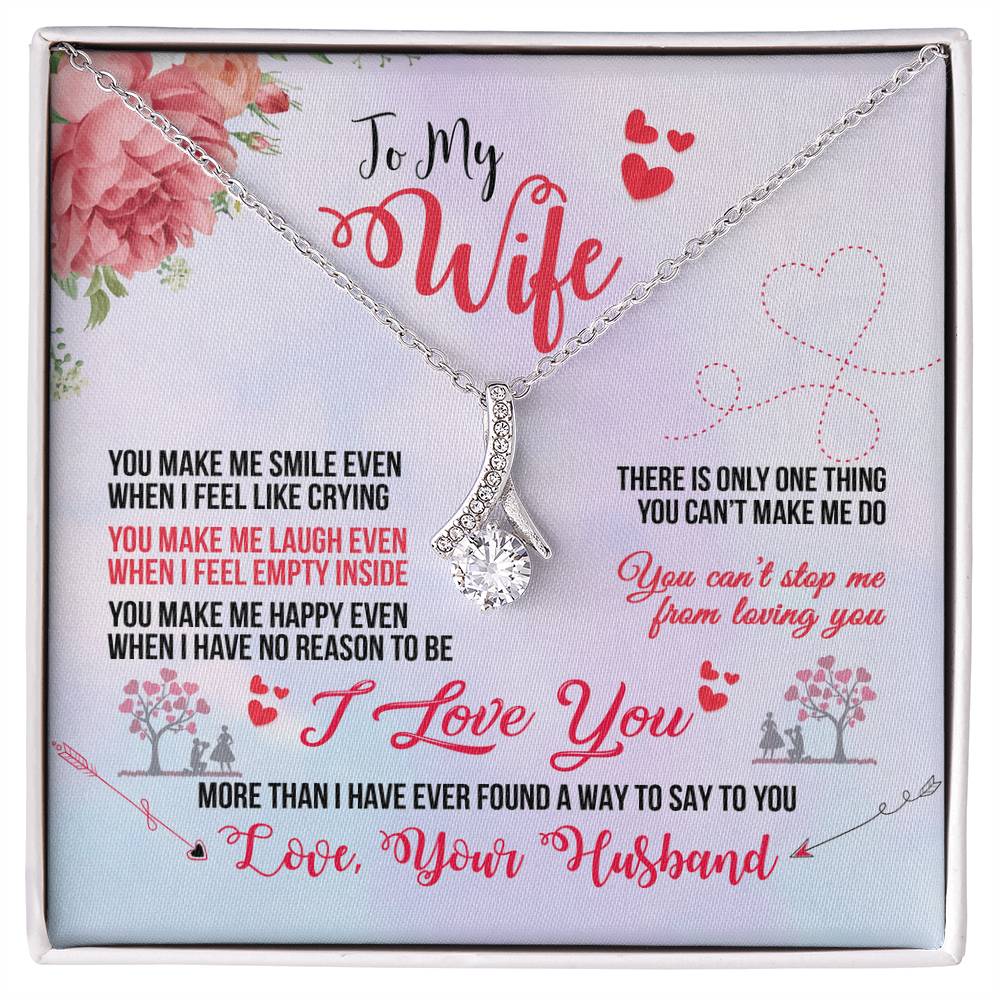 Silver ribbon pendant necklace displayed on a To My Wife message card in a white box