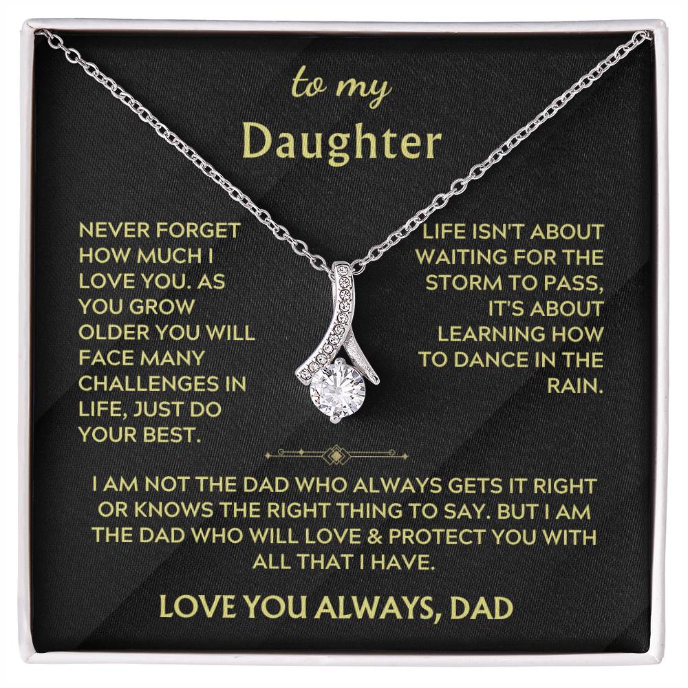 Silver ribbon pendant necklace displayed on a black message card for a daughter