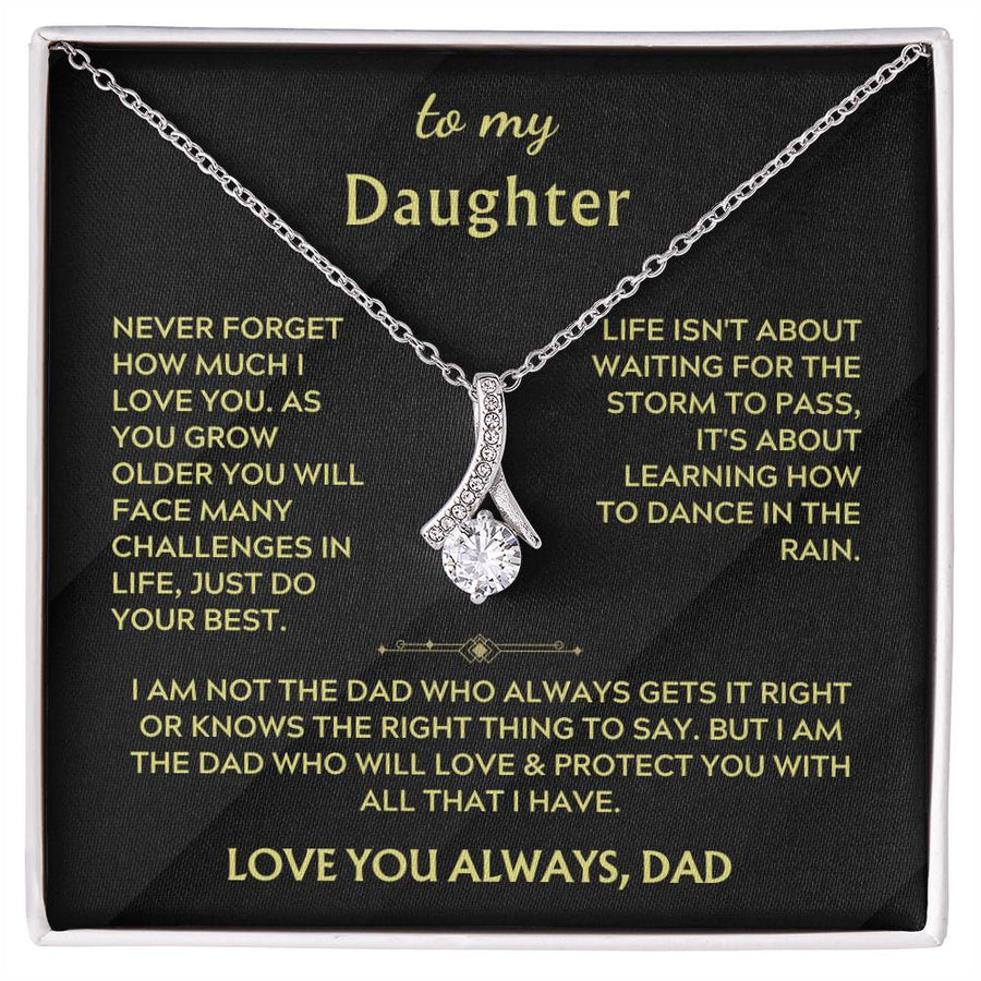 Silver ribbon pendant necklace displayed on a black message card for a daughter