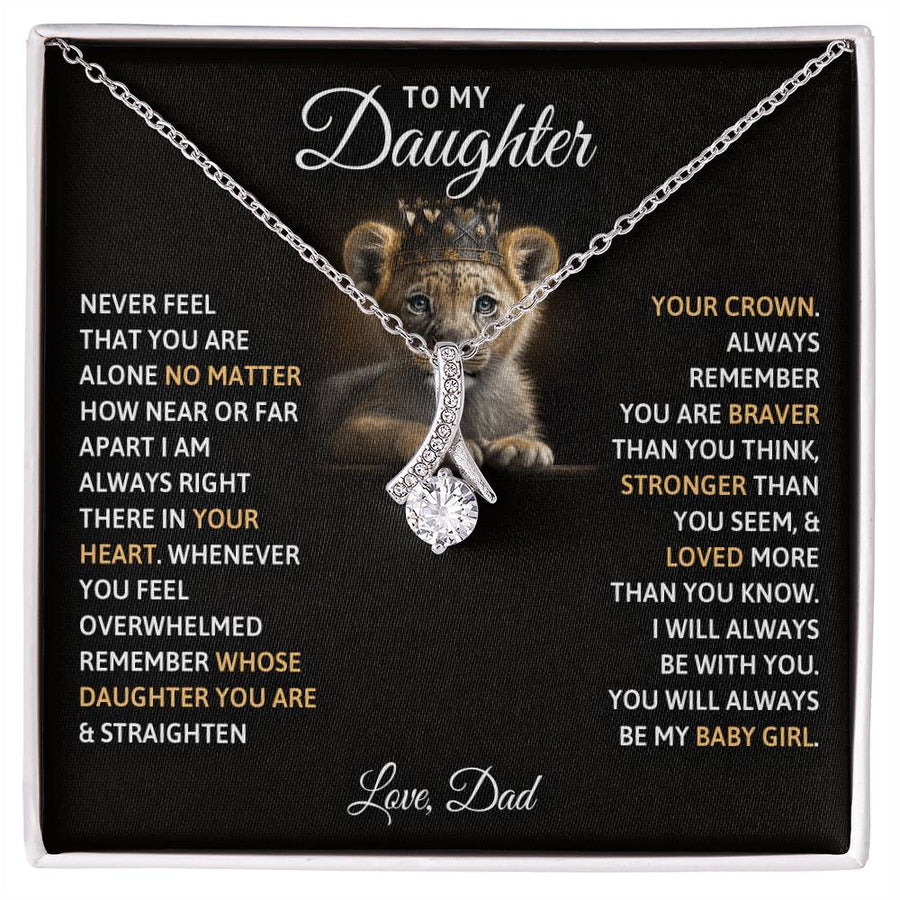 Silver ribbon pendant necklace displayed on a daughter message card