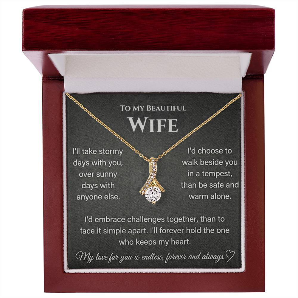 Gold-toned necklace and wife message card shown inside an open mahogany-style jewellery box.