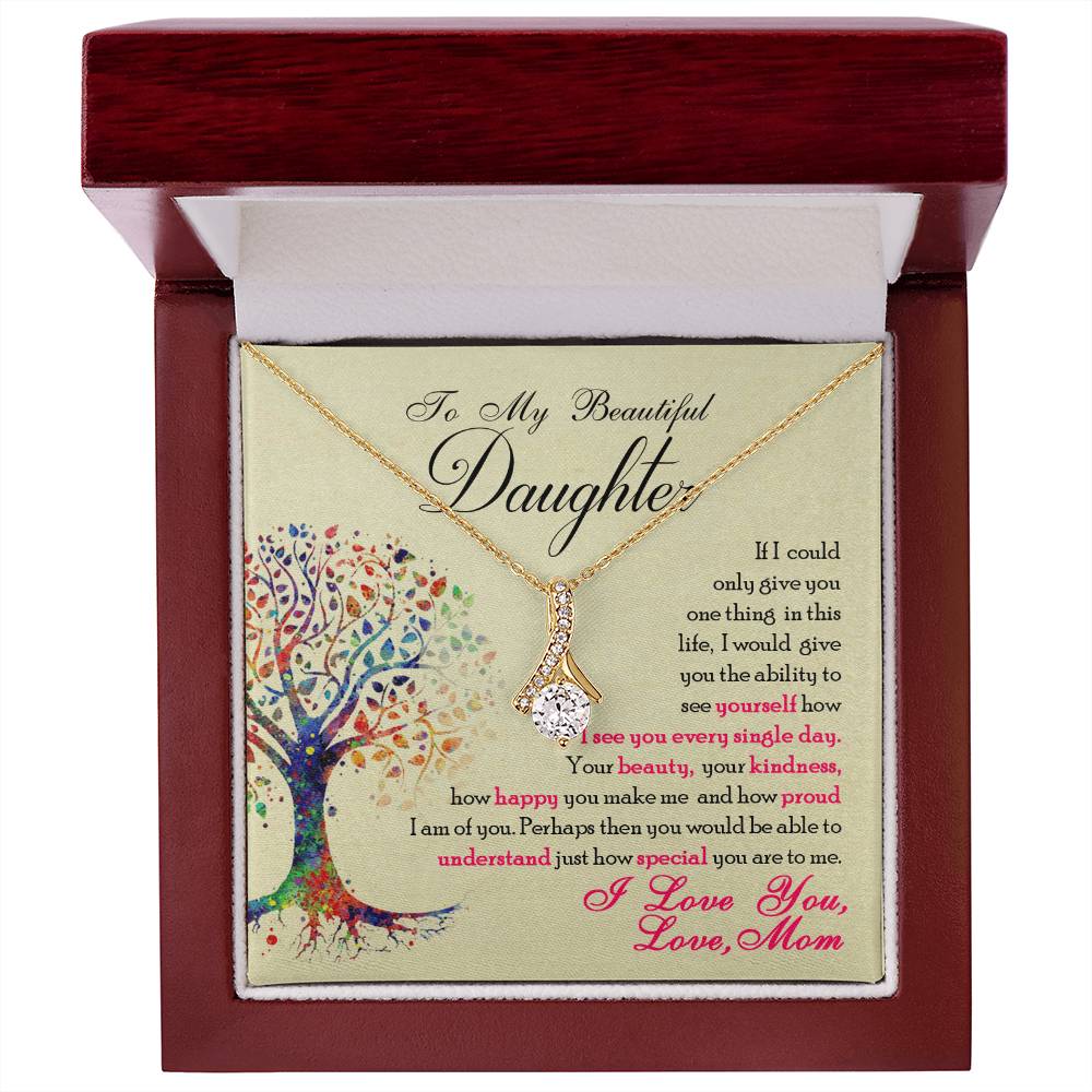 Gold-tone necklace and daughter message card shown in an open mahogany-style box.