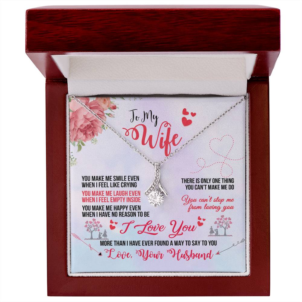 Gold-tone To My Wife necklace and message card displayed in an open mahogany box