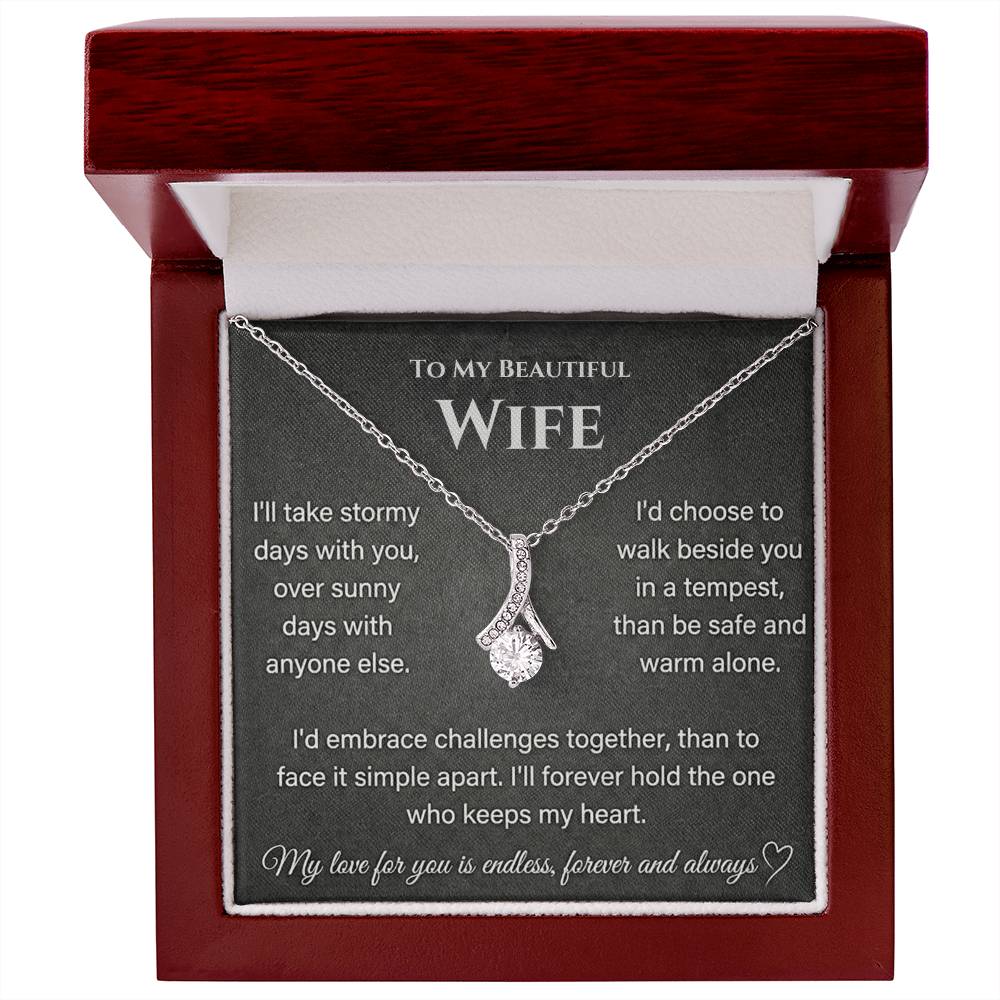 Silver-toned necklace and wife message card presented inside an open mahogany-style jewellery box.