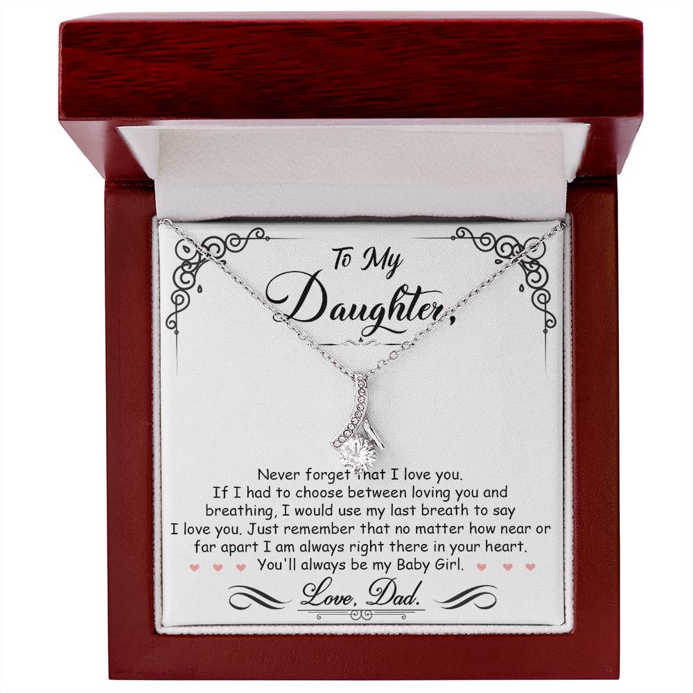 Silver daughter message necklace displayed in a red luxury gift box