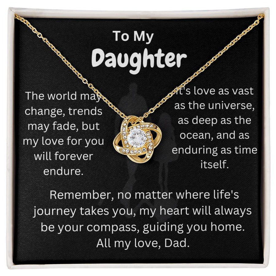 Gold love knot necklace on a black daughter message card in a white-edged presentation box
