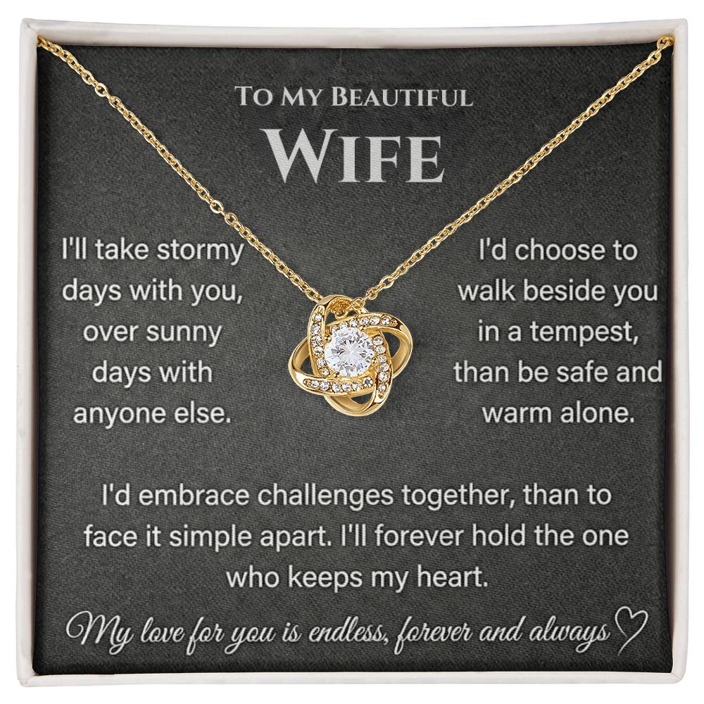 Gold Love Knot Necklace displayed on a message card for a beautiful wife