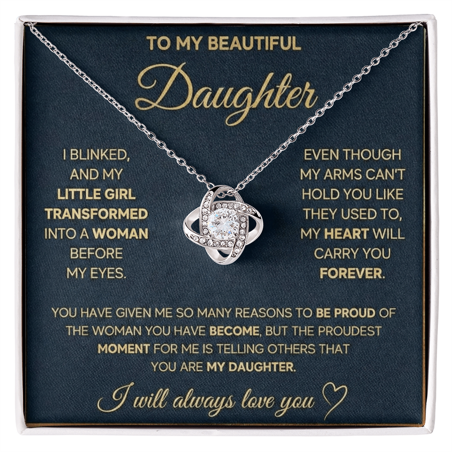Silver-toned Love Knot necklace displayed on a daughter message card