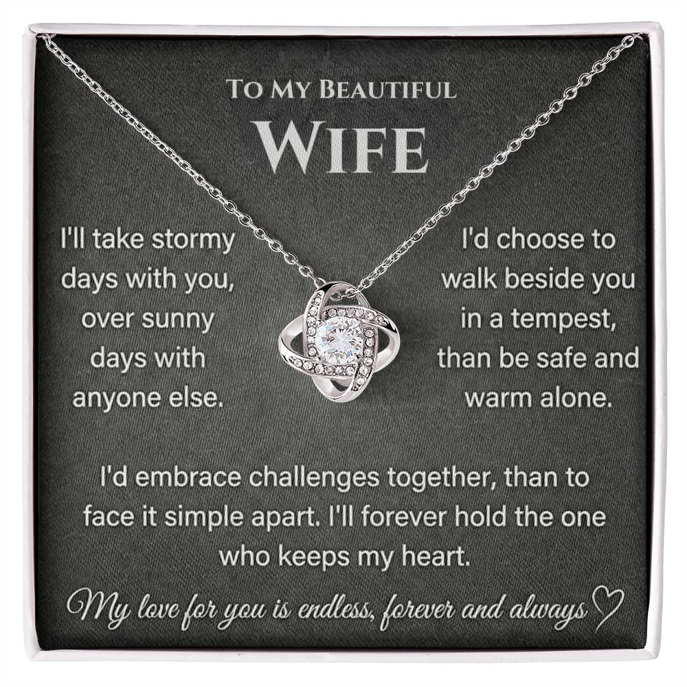 Silver Love Knot Necklace displayed on a message card for a beautiful wife
