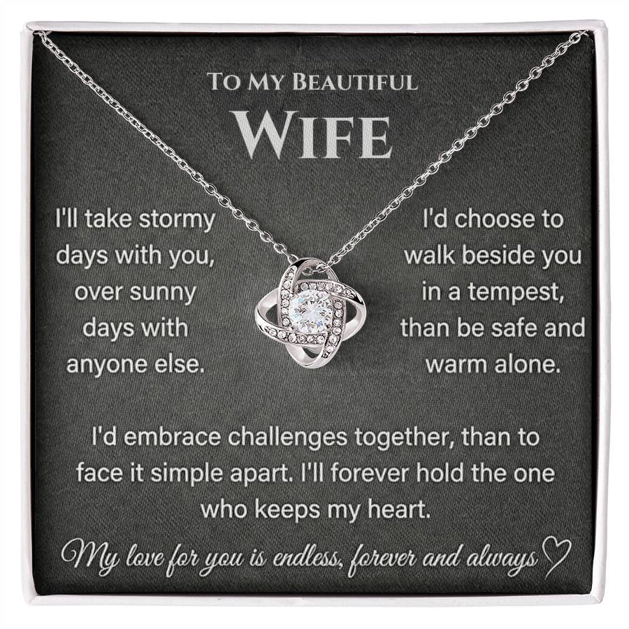 Silver Love Knot Necklace displayed on a message card for a beautiful wife