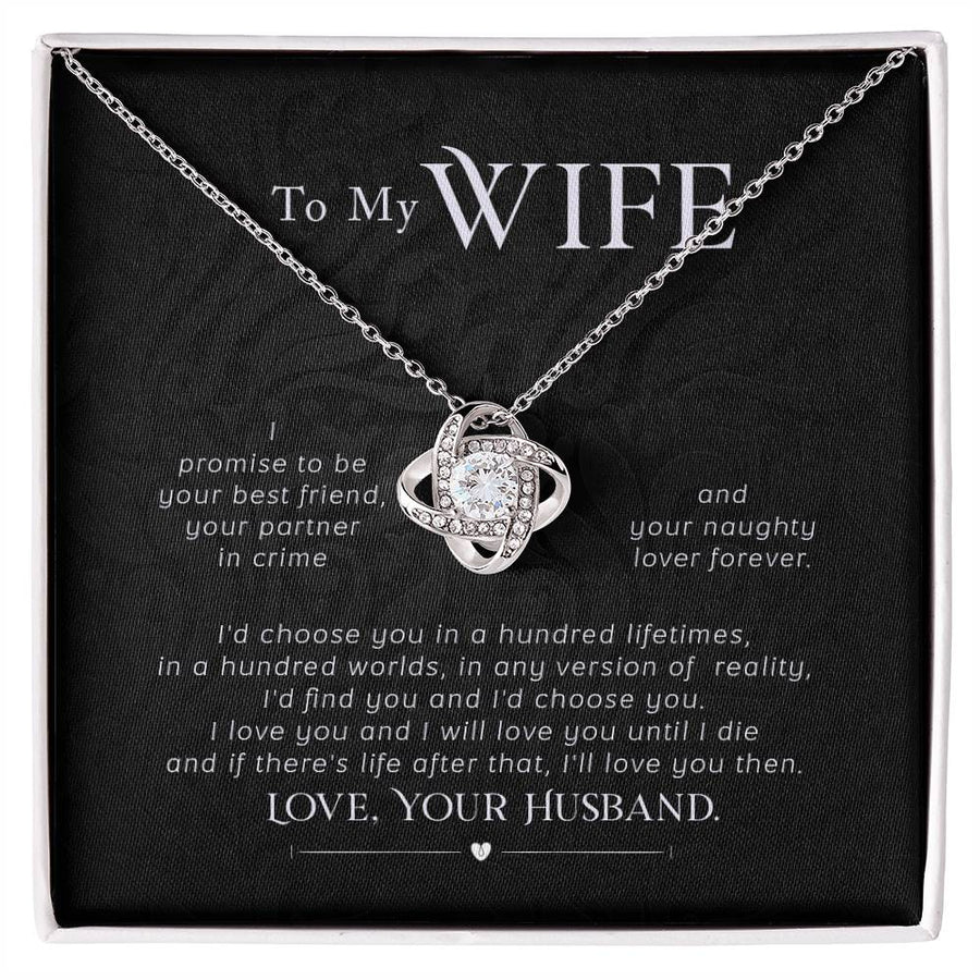 Love Knot necklace with cubic zirconia pendant on a message card for a wife