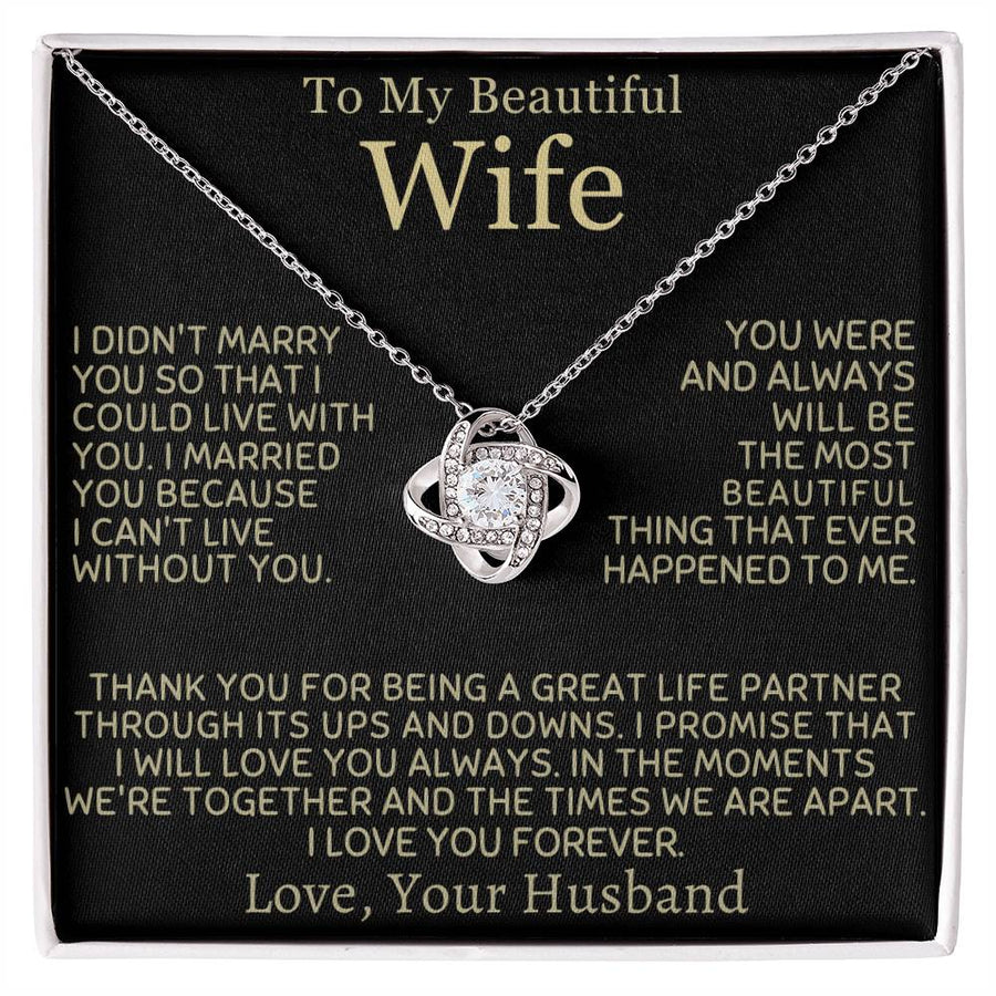 Silver Love Knot Necklace displayed on a black message card addressed to a wife