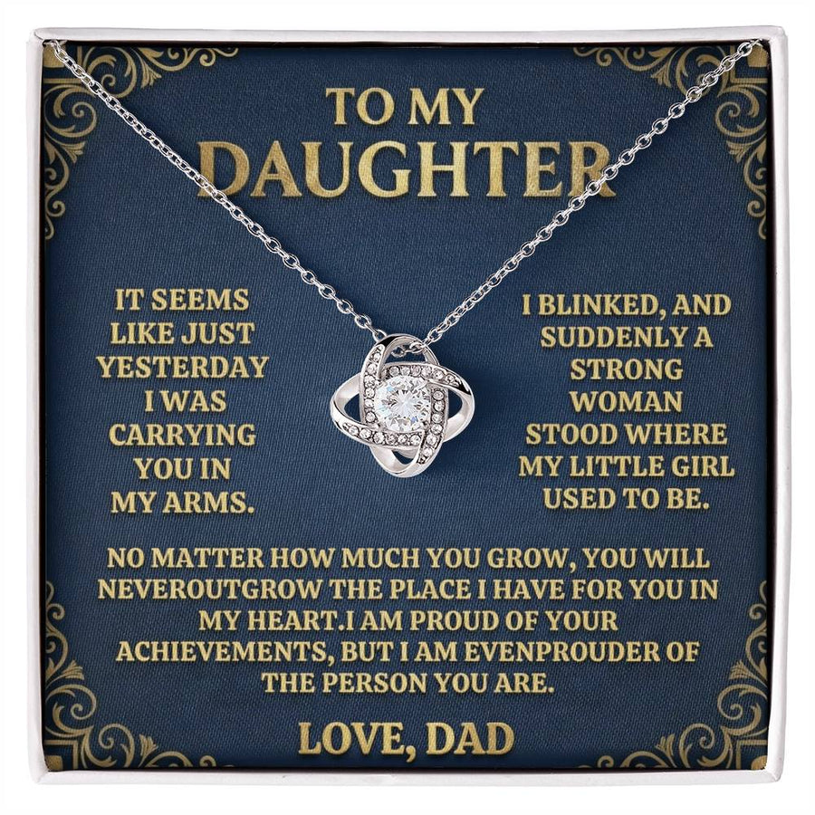Silver Love Knot Necklace displayed on a message card for a daughter