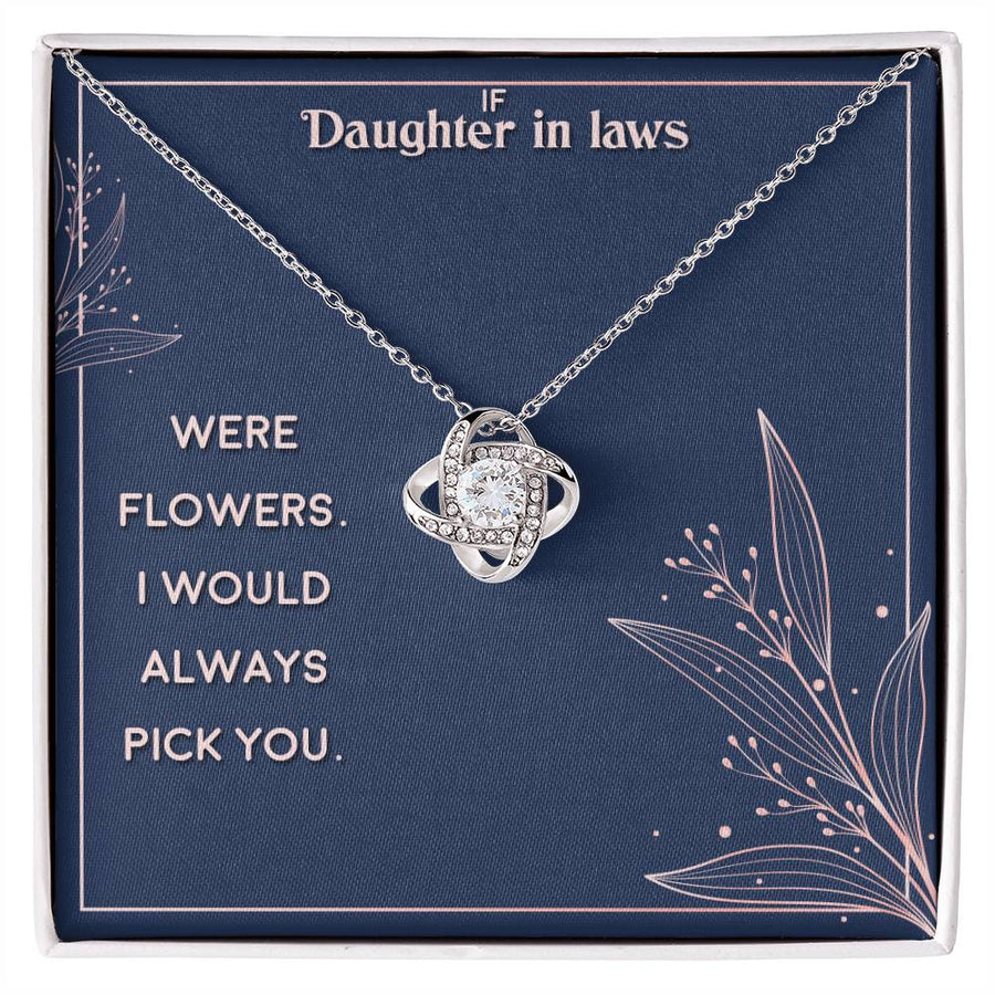 Silver-tone Love Knot Necklace on a blue message card for daughter in laws
