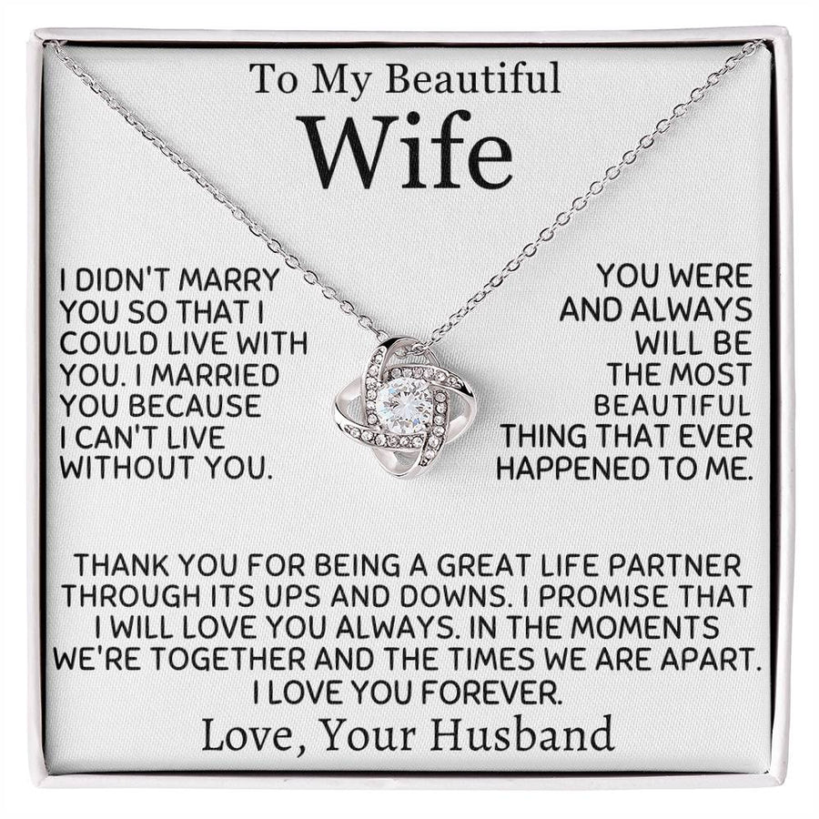 Silver Love Knot Necklace displayed across a printed message card for a wife