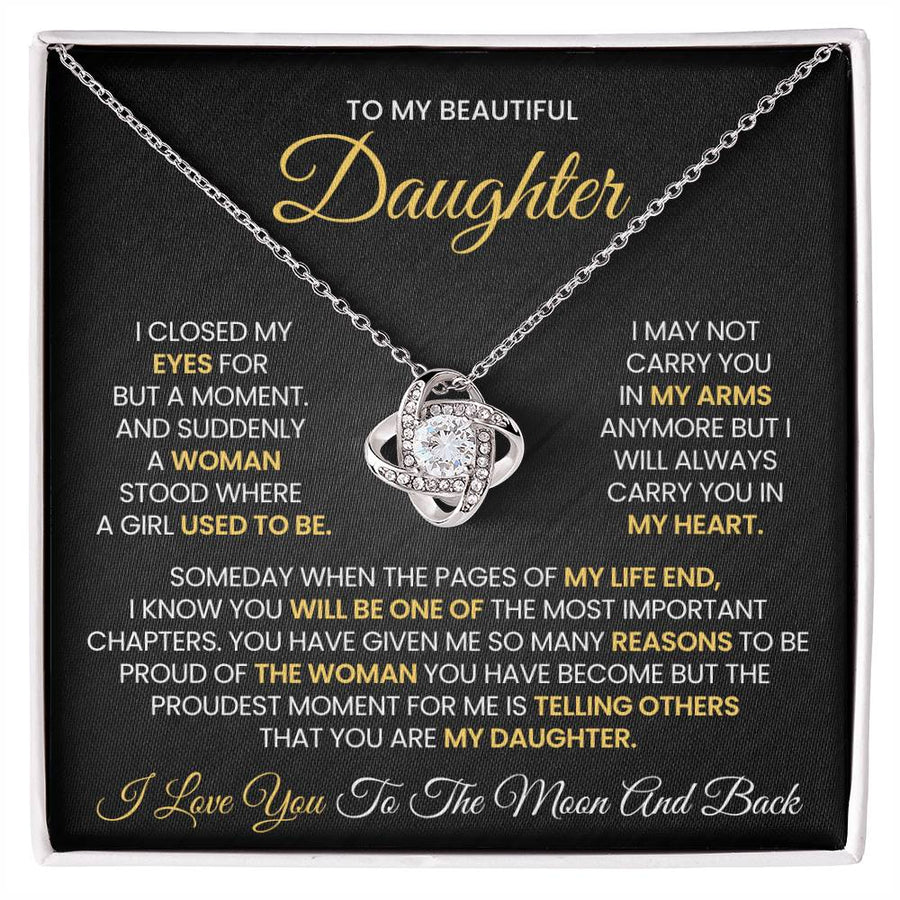 Silver-tone Love Knot Necklace displayed on a black message card for a daughter