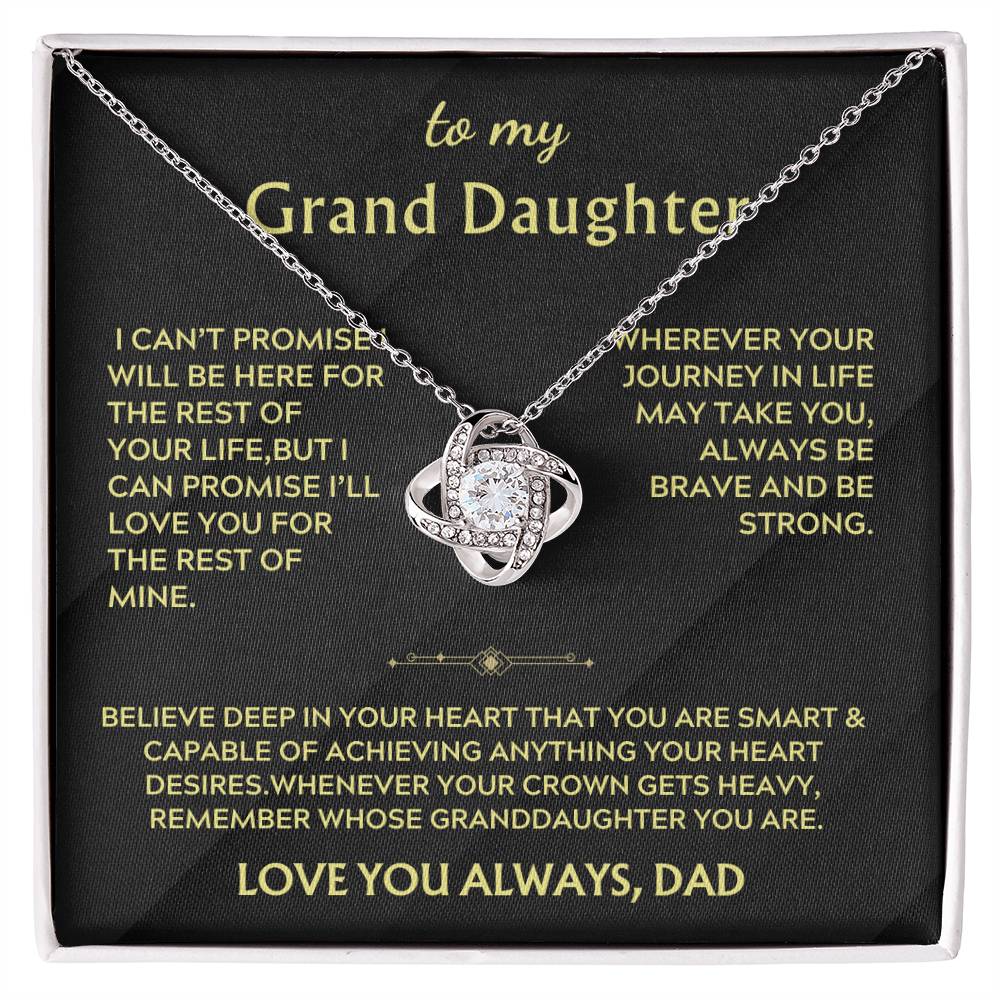 Silver Love Knot necklace displayed on a black granddaughter message card