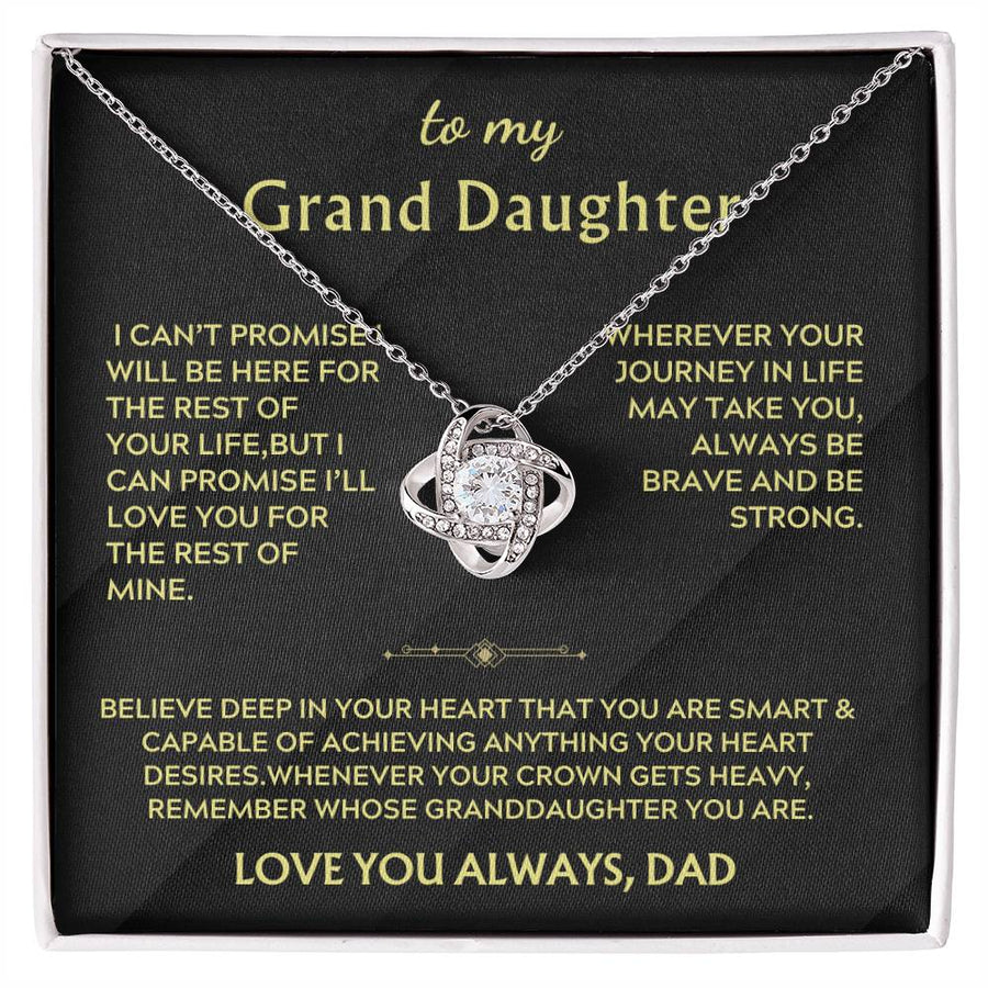 Silver Love Knot necklace displayed on a black granddaughter message card