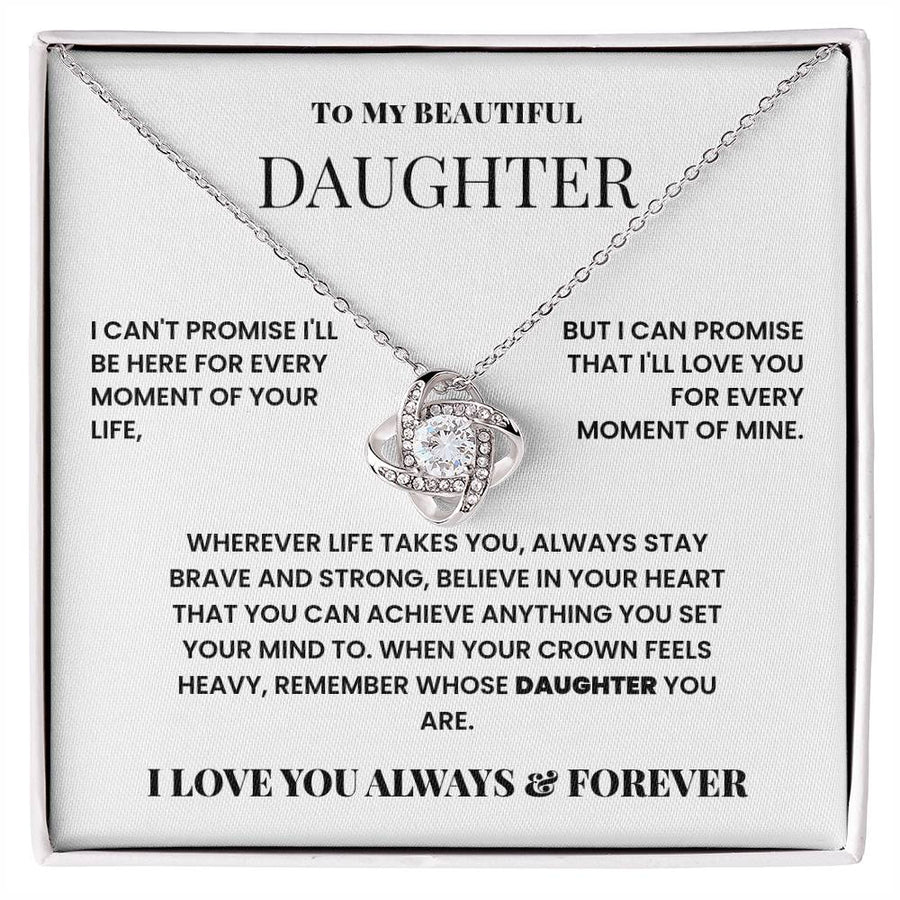 Silver-toned love knot necklace displayed on a message card for a daughter