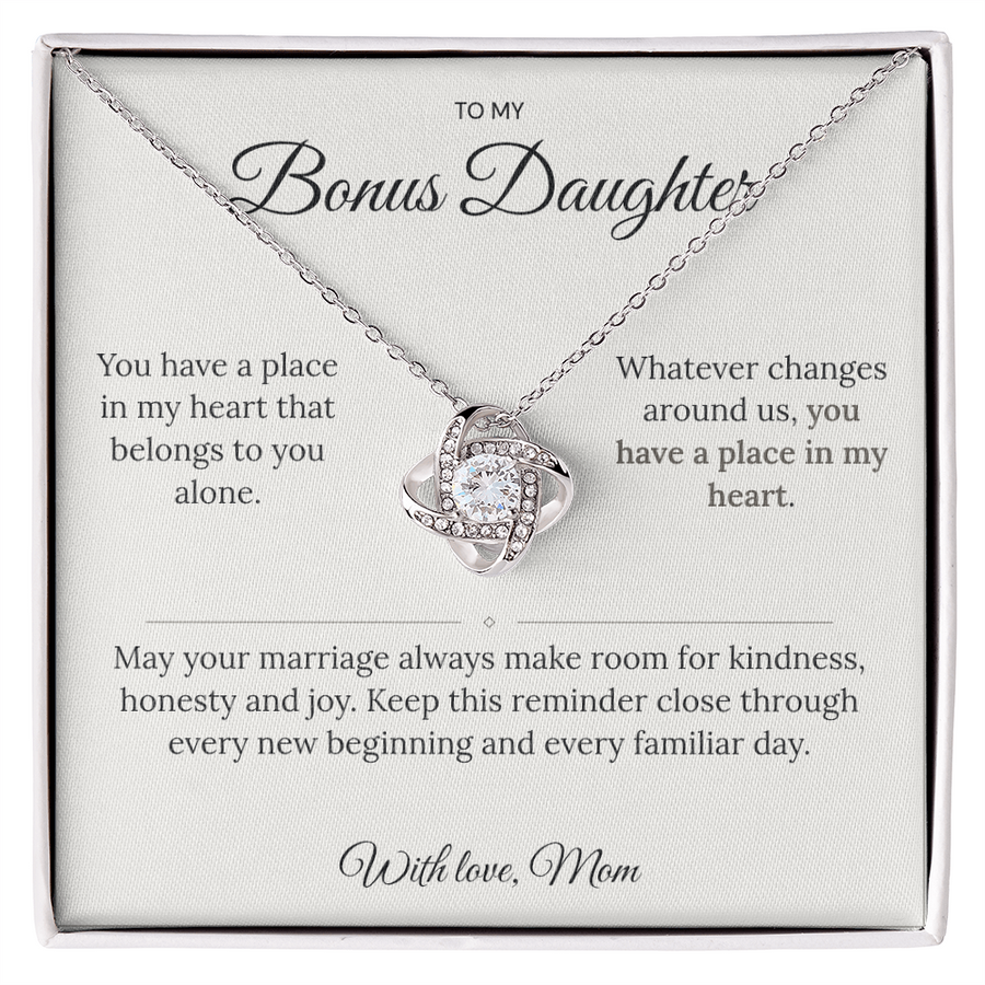 Love Knot necklace displayed on a message card for a bonus daughter in a white box