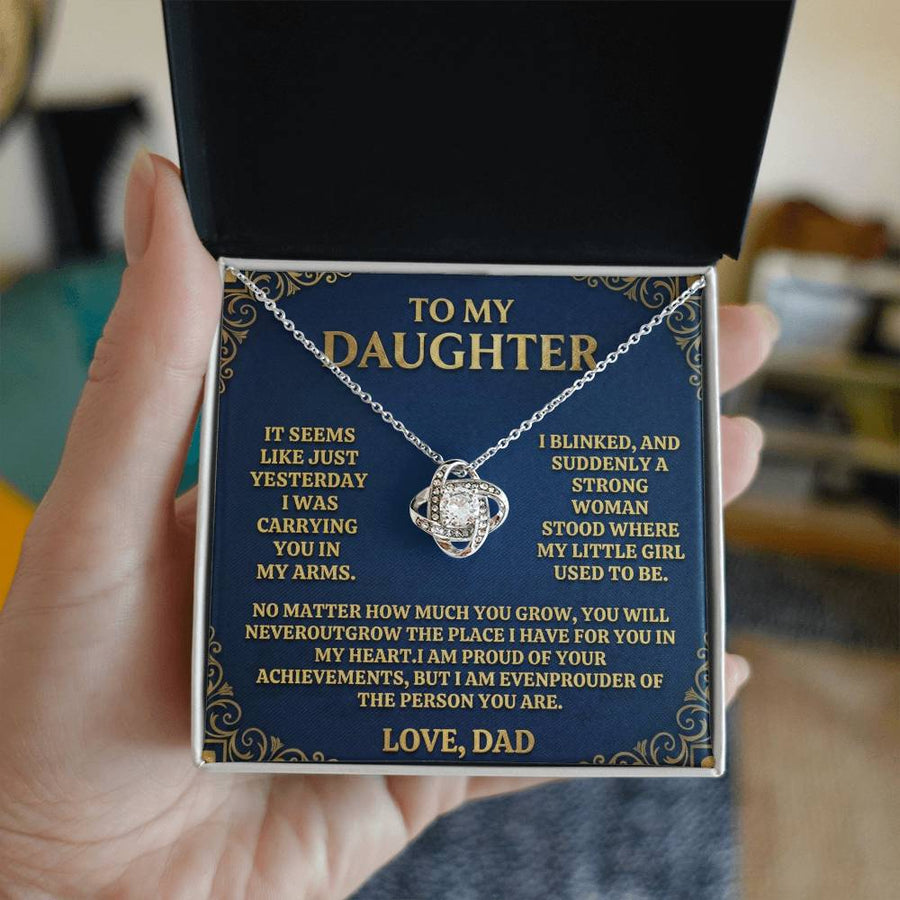 Silver Love Knot Necklace and daughter message card held in an open box