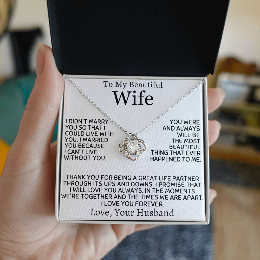 Silver Love Knot Necklace presented in an open black jewellery box with a wife message card