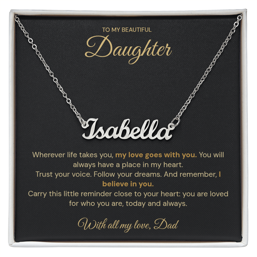 Silver cursive Isabella name necklace displayed on a black message card in a white jewellery box
