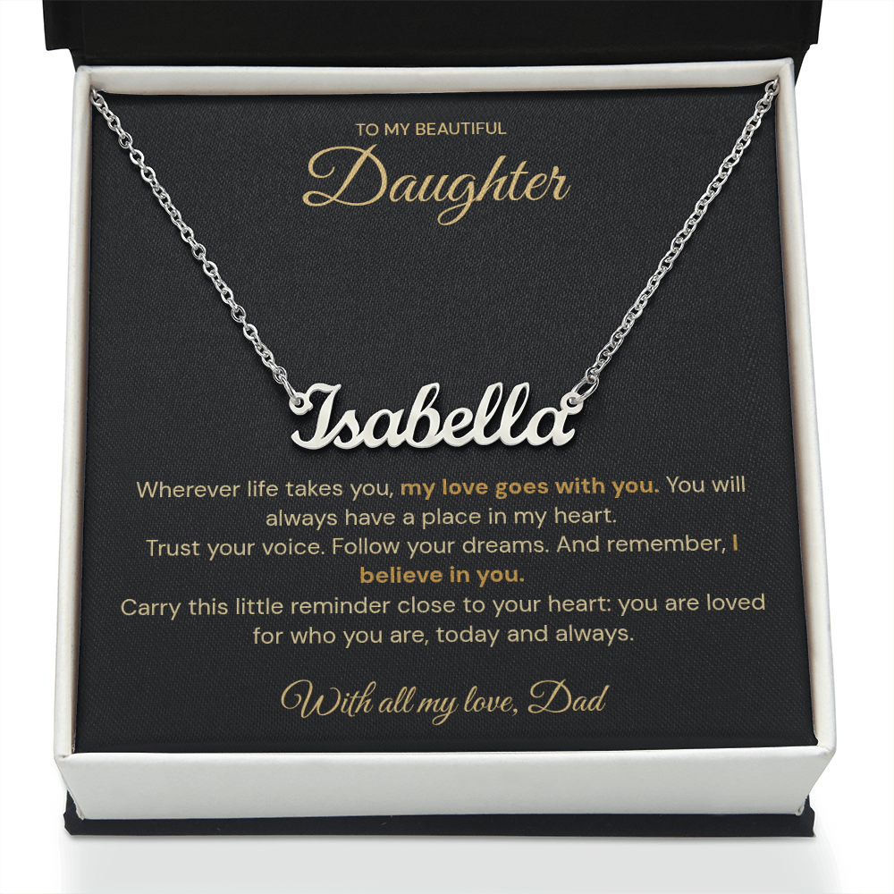 Open white jewellery box displaying an Isabella name necklace and daughter message card