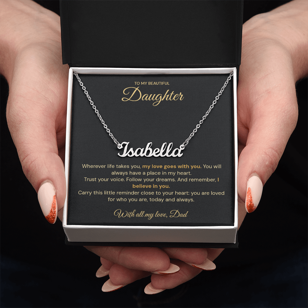 Hands holding an open jewellery box with an Isabella name necklace and daughter message card