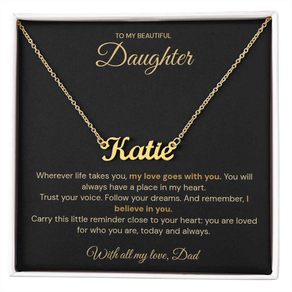 Gold-coloured Katie cursive name necklace displayed on a black daughter message card