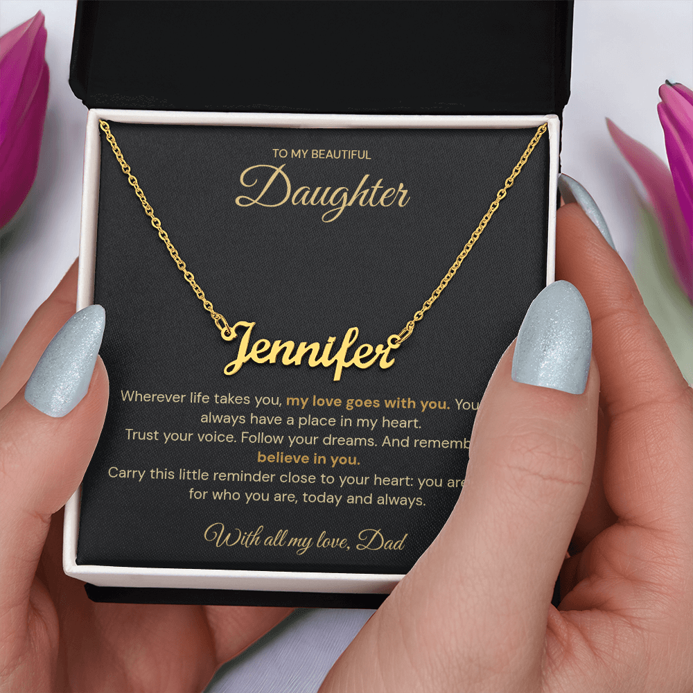 Hands holding an open jewellery box displaying a Jennifer name necklace and daughter message card