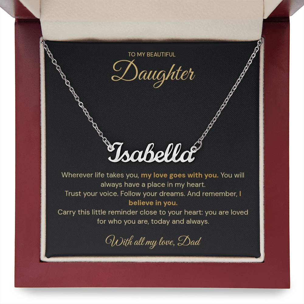 Silver Isabella name necklace displayed on a daughter message card in a mahogany-coloured box