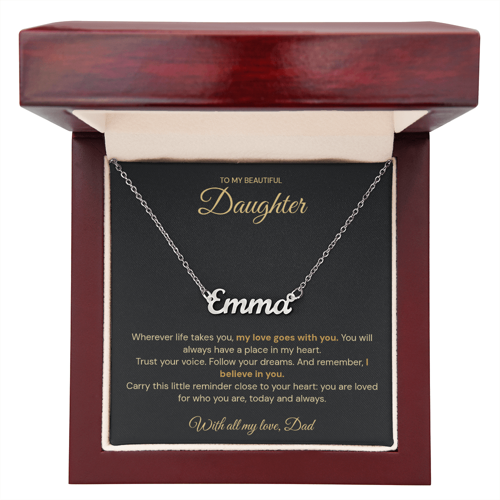 Emma name necklace displayed on a daughter message card inside a mahogany-coloured box
