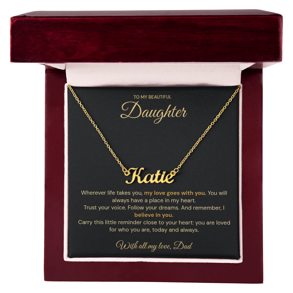 Gold-coloured Katie name necklace displayed on a daughter message card in a mahogany-coloured box
